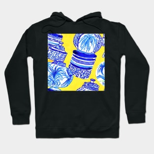 Blue and white chinoiserie jars on yellow background Hoodie